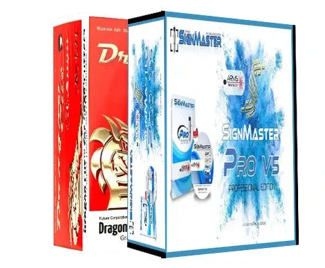 SignMaster Pro V5 and Dragon Cut Pro 6.5 software interface — professional vinyl cutting and print design tools for sign makers.